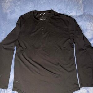 BYLT Henley Shirt Mens Brown Drop Cut Lux Stretch Curved Hem Long Sleeve size xl